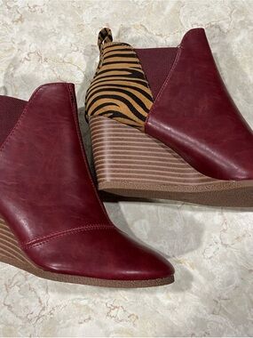 Burgundy Wedge Ankle Boot with Tiger-Print Heel Accent